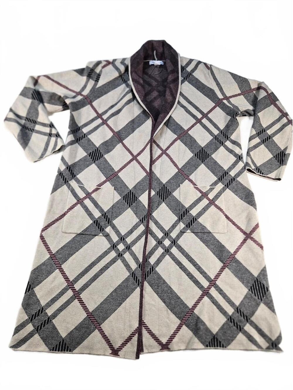 Liz Claiborne XXL Tan Burgundy Plaid Cardigan Sweater Cozy Fall Grandmacore